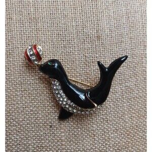 Vintage Black Enamel & Rhinestone Figural Sea SEAL with Ball Brooch